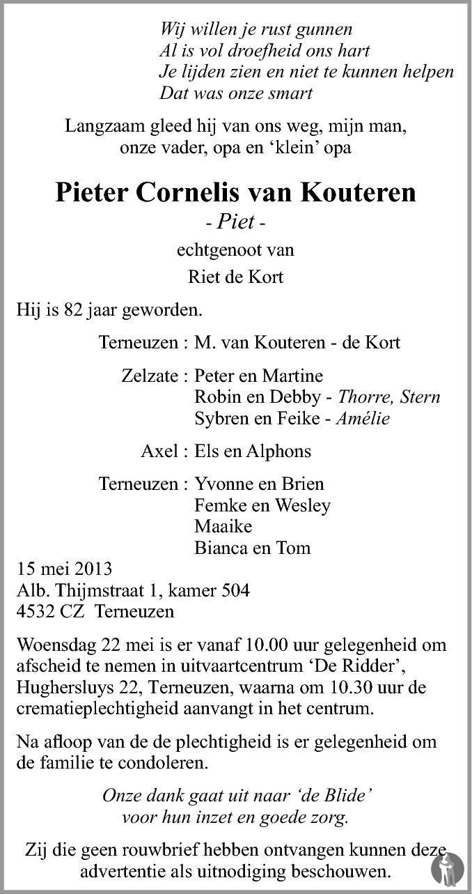 Pieter Cornelis (Piet) van Kouteren 15-05-2013 overlijdensbericht en ...