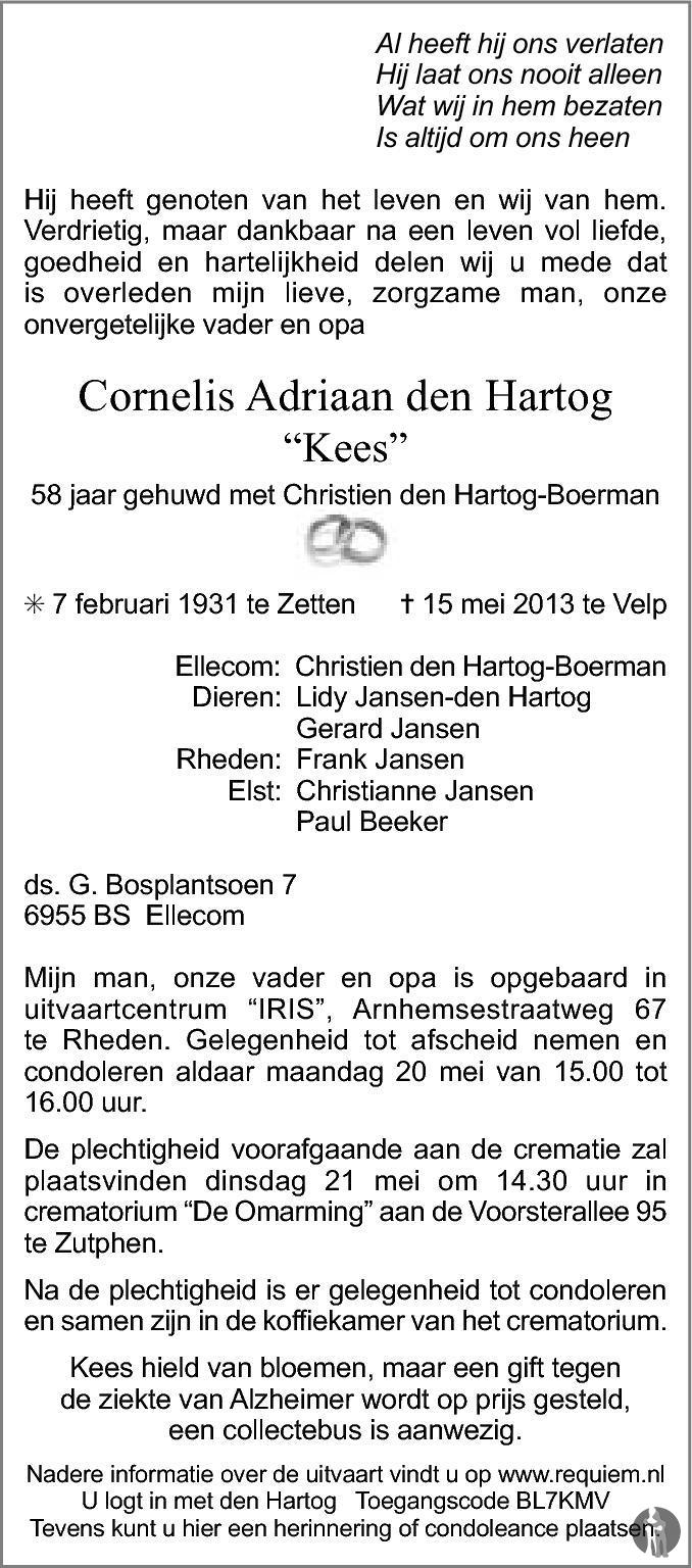 Cornelis Adriaan (Kees) den Hartog 15052013 overlijdensbericht en