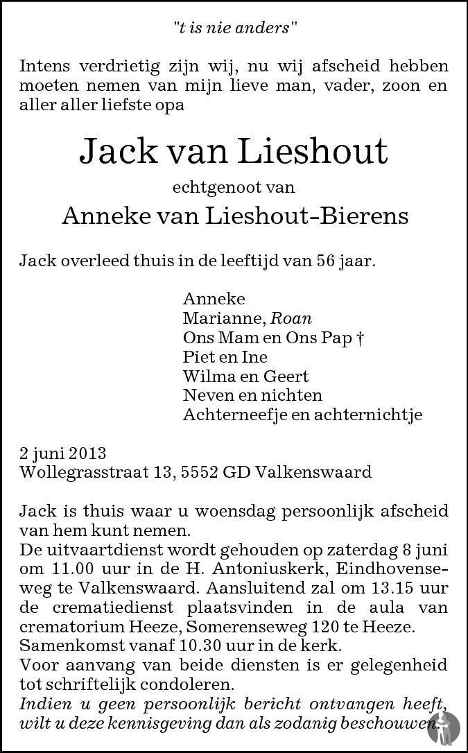 Jack van Lieshout 02-06-2013 overlijdensbericht en condoleances ...