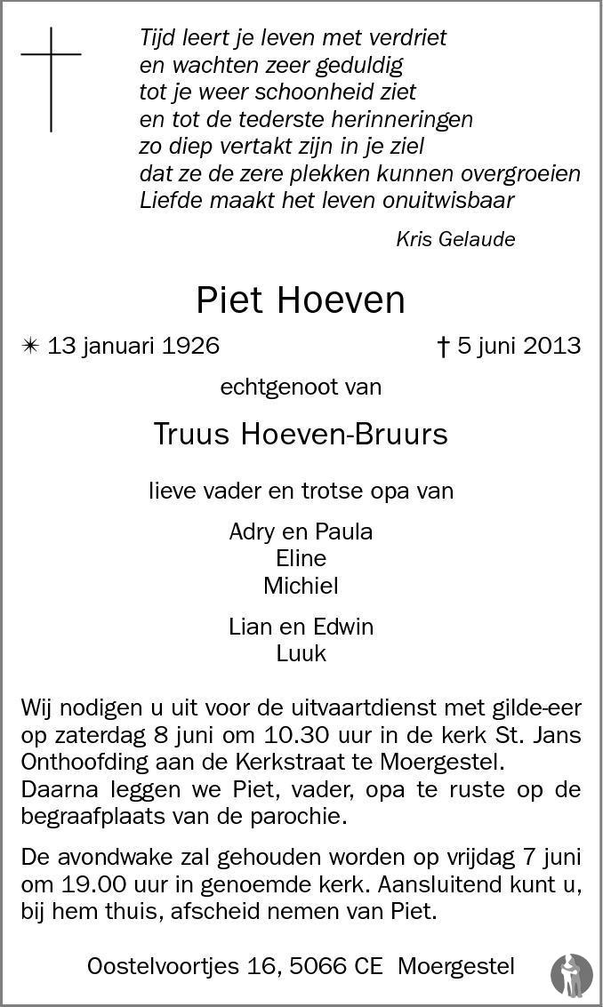 Overlijdensbericht van Piet  Hoeven in Brabants Dagblad