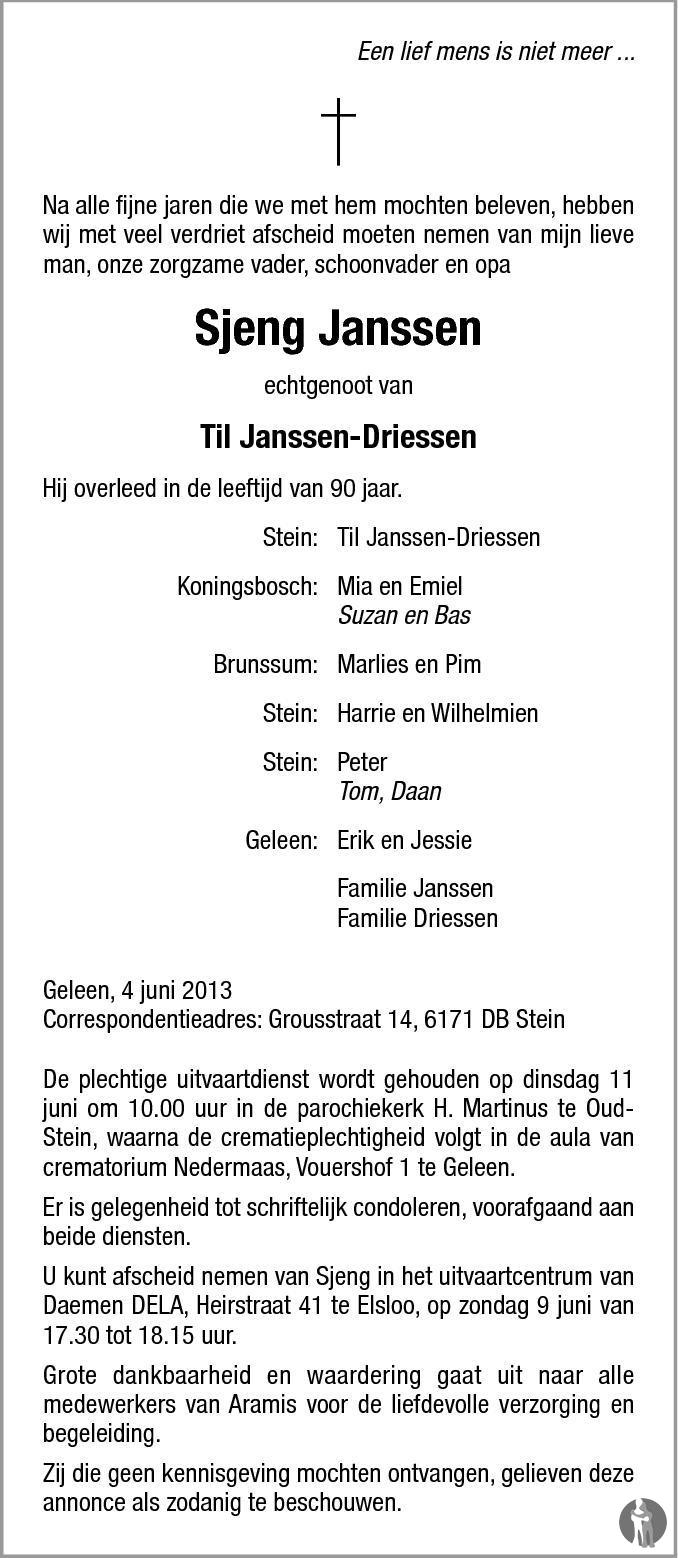 Sjeng Janssen 04-06-2013 overlijdensbericht en condoleances - Mensenlinq.nl