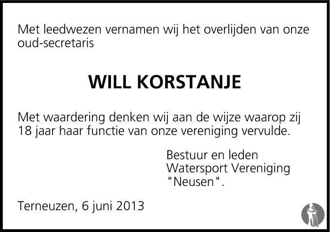 Overlijdensbericht van Willy Martha Johanna (Will) Korstanje - Rijnders in PZC Provinciale Zeeuwse Courant
