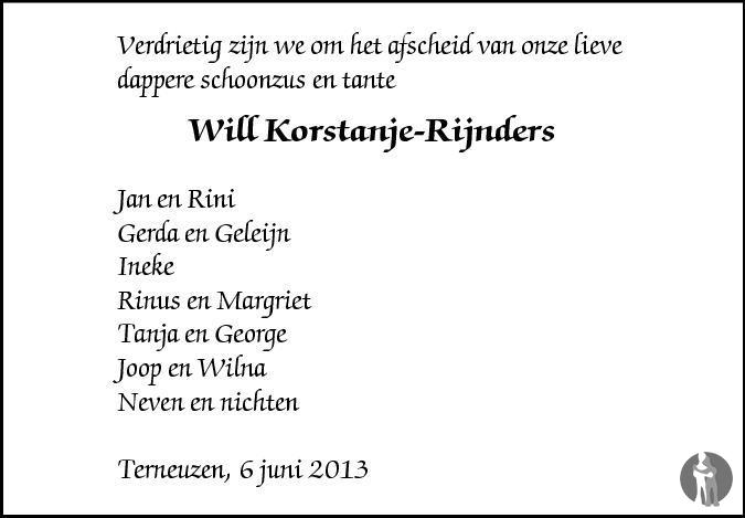 Overlijdensbericht van Willy Martha Johanna (Will) Korstanje - Rijnders in PZC Provinciale Zeeuwse Courant