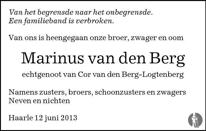 Marinus van den Berg 12-06-2013 overlijdensbericht en condoleances