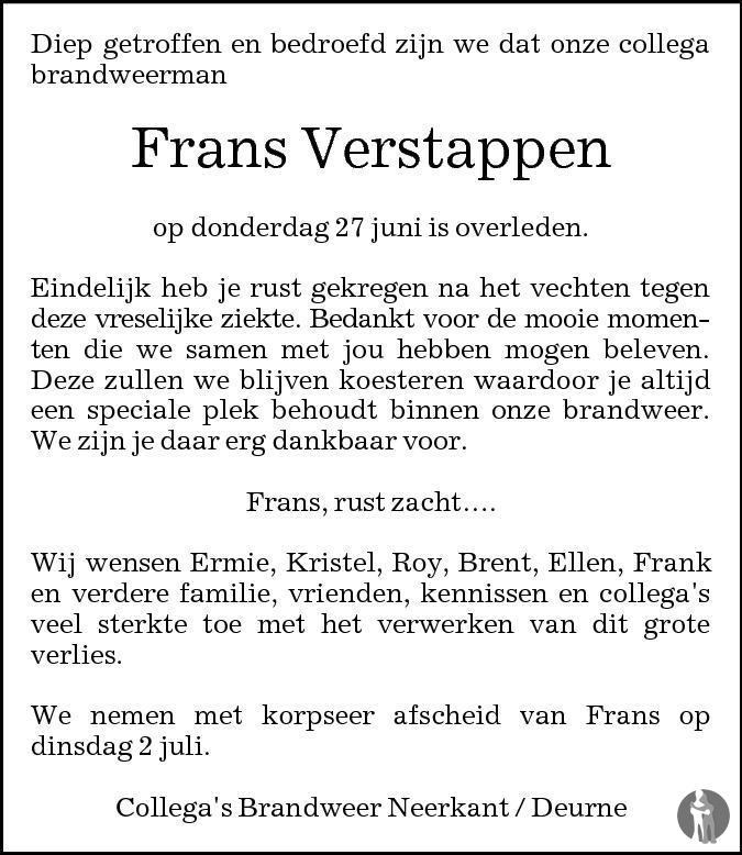 Frans Verstappen 27062013 overlijdensbericht en condoleances