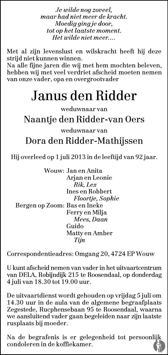 Janus den Ridder 01-07-2013 overlijdensbericht en condoleances ...