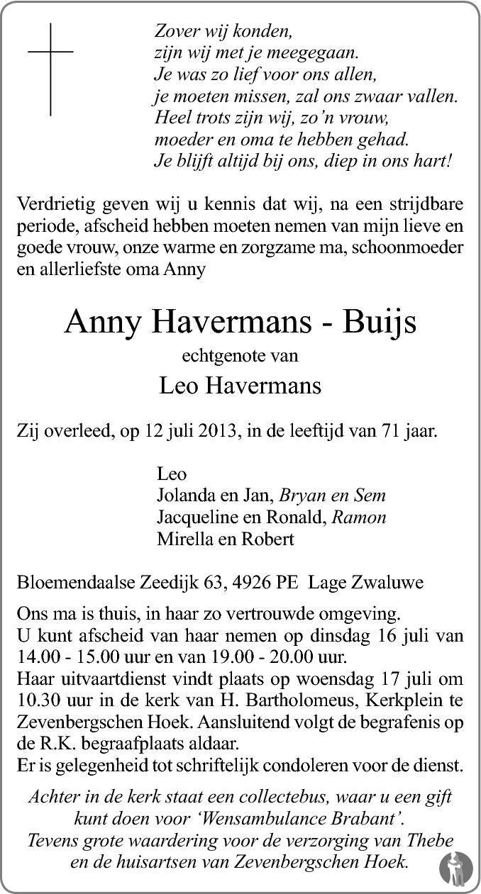 Anny Havermans - Buijs 12-07-2013 overlijdensbericht en condoleances ...