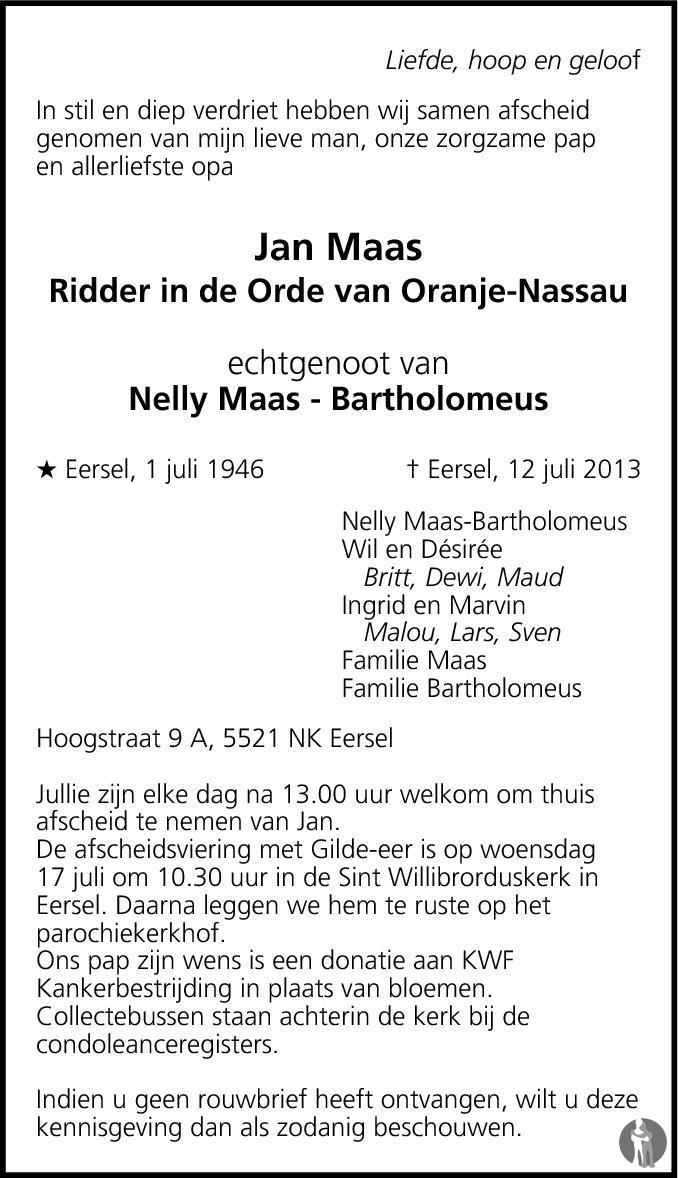 Jan Maas 12072013 overlijdensbericht en condoleances Mensenlinq.nl