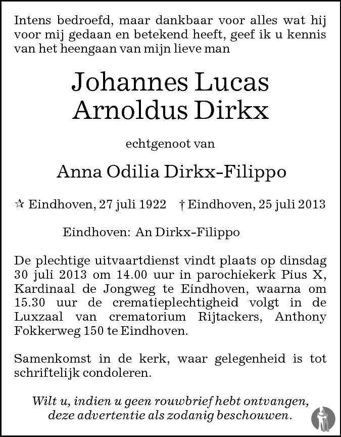 Johannes Lucas Arnoldus Dirkx 25072013 overlijdensbericht en
