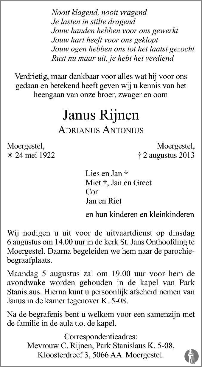 Overlijdensbericht van Adrianus Antonius (Janus)  Rijnen in Brabants Dagblad