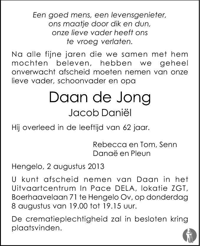 Overlijdensbericht van Jacob Daniël (Daan) de Jong in Tubantia