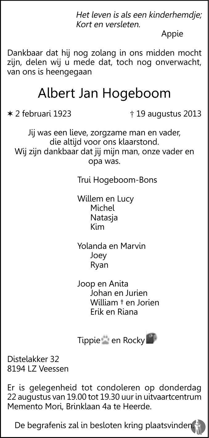 Albert Jan Hogeboom 19082013 overlijdensbericht en condoleances
