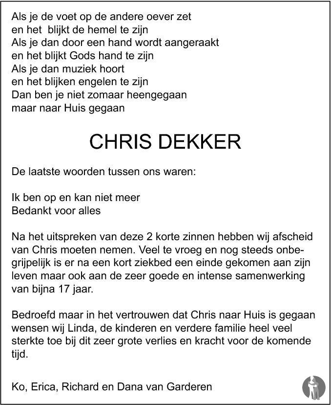 Chris Dekker 21082013 overlijdensbericht en condoleances Mensenlinq.nl