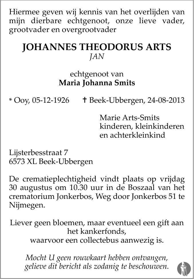 Overlijdensbericht van Johannes Theodorus (Jan) Arts in de Gelderlander