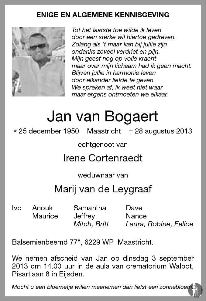 Jan van Bogaert 28-08-2013 overlijdensbericht en condoleances ...