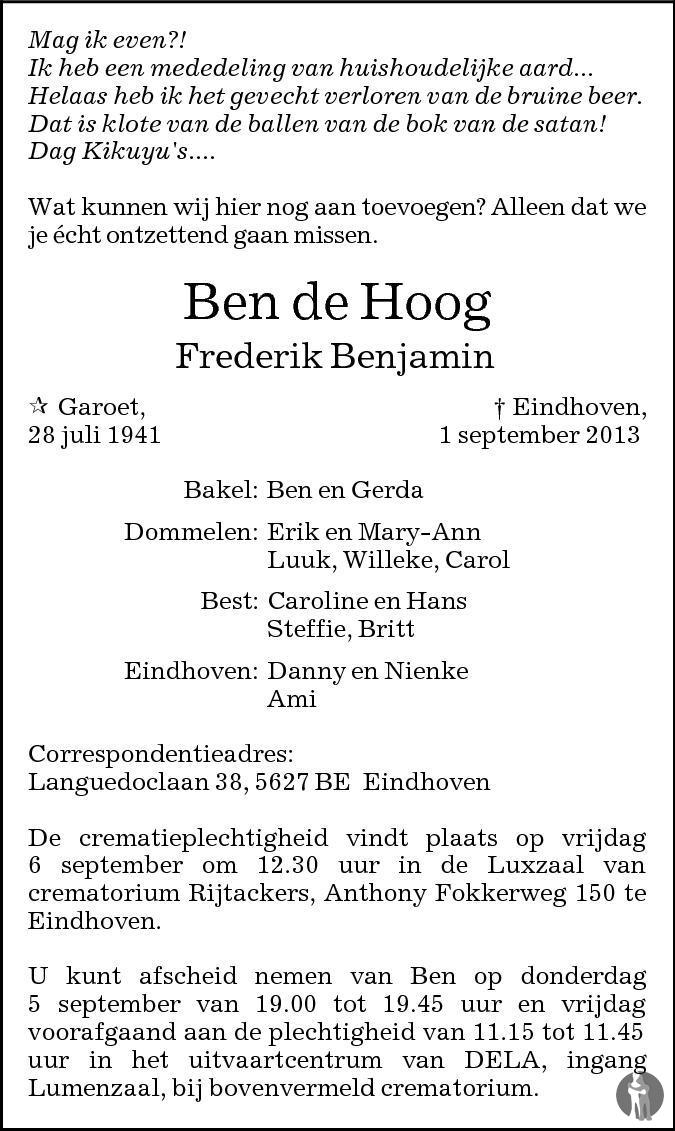 Frederik Benjamin de Hoog 01-09-2013 overlijdensbericht en condoleances ...