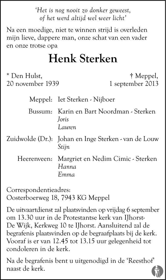 Henk Sterken 01-09-2013 overlijdensbericht en condoleances - Mensenlinq.nl