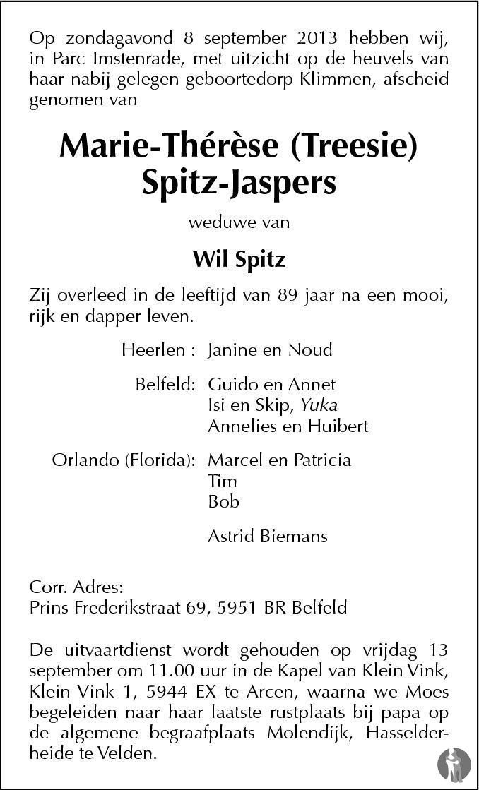 Overlijdensbericht van Marie-Thérèse (Treesie) Spitz - Jaspers in De Limburger