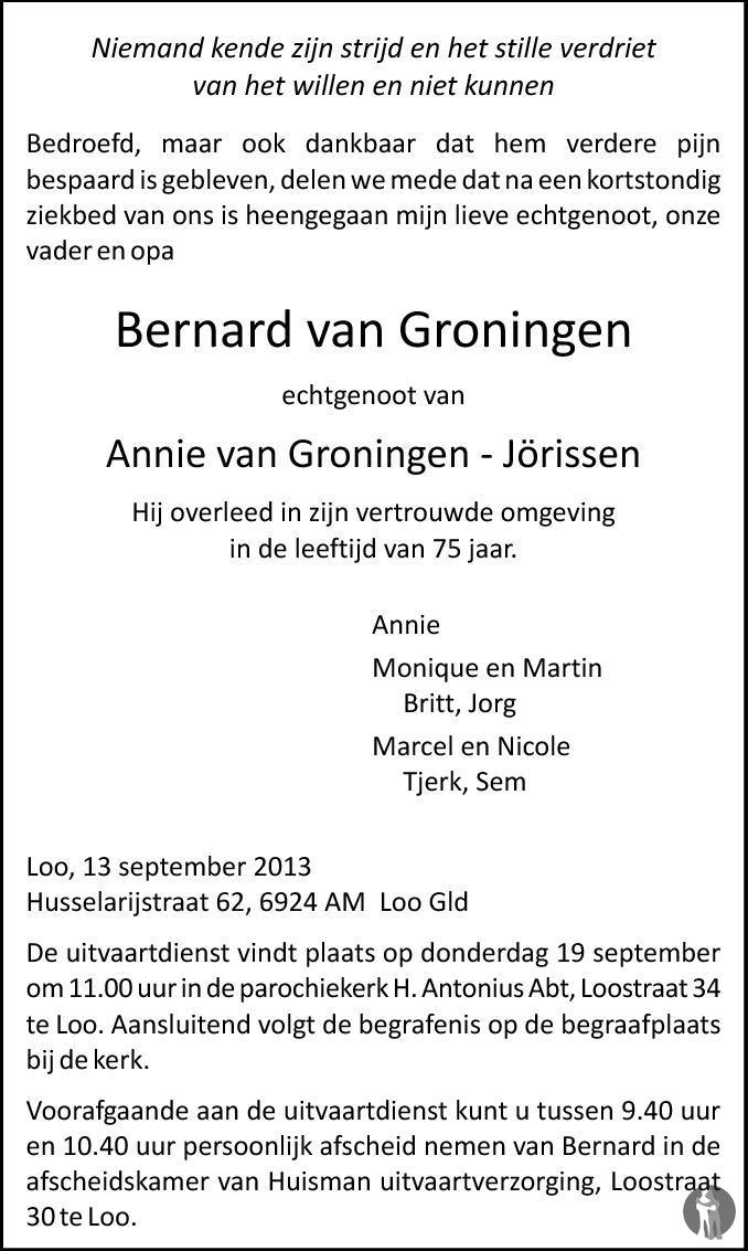 Bernard Van Groningen 13-09-2013 Overlijdensbericht En Condoleances 