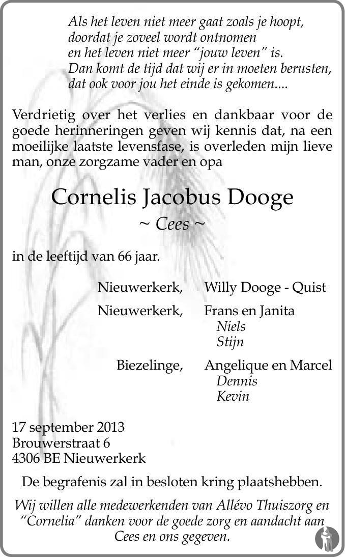 Overlijdensbericht van Cornelis Jacobus (Cees) Dooge in PZC Provinciale Zeeuwse Courant