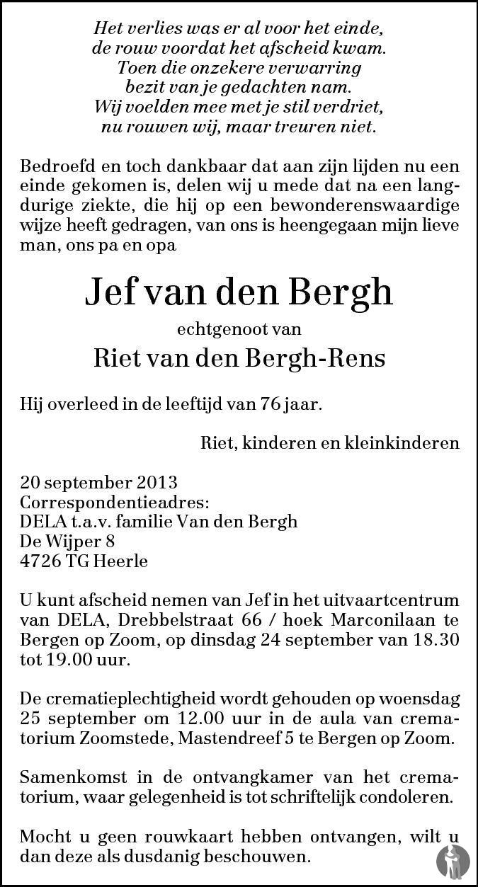 Jef van den Bergh 20-09-2013 overlijdensbericht en condoleances ...