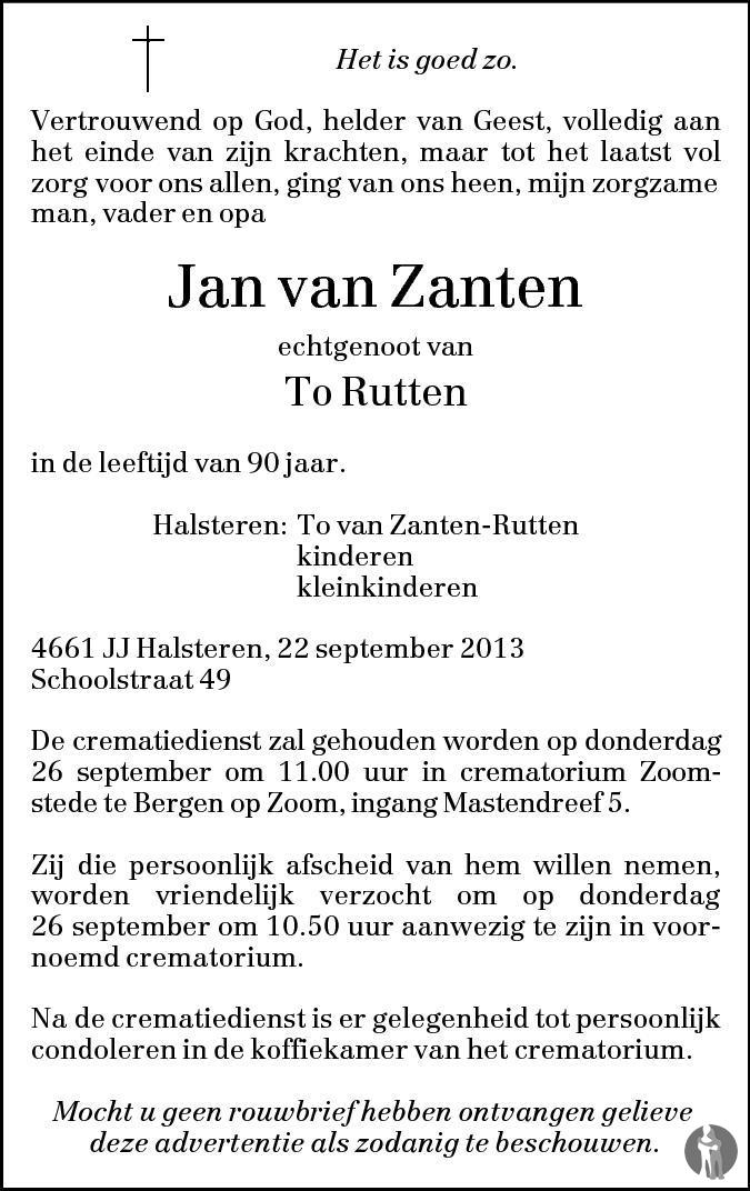 Jan van Zanten 22-09-2013 overlijdensbericht en condoleances ...