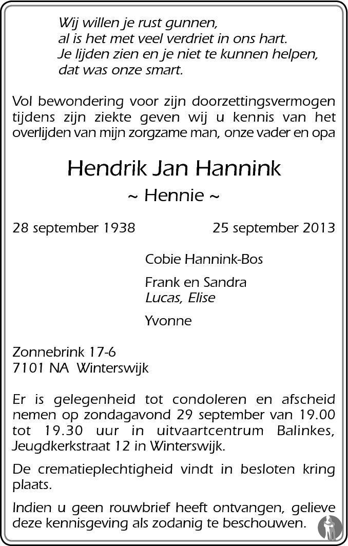 Hendrik Jan (Hennie) Hannink 25-09-2013 overlijdensbericht en ...