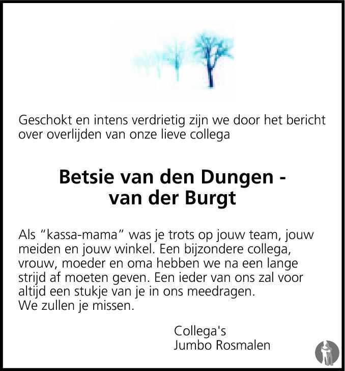 Betsie van den Dungen van der Burgt 27092013 overlijdensbericht en