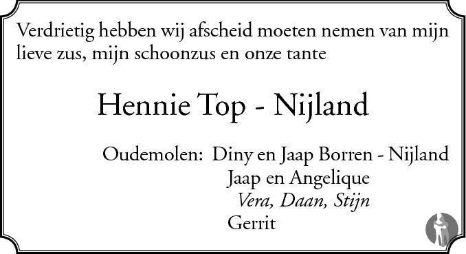 Hendrika (Hennie) Top Nijland 05102013 overlijdensbericht en