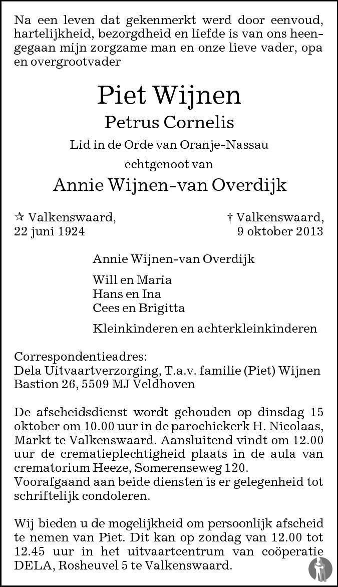 Petrus Cornelis (Piet) Wijnen 09-10-2013 overlijdensbericht en ...