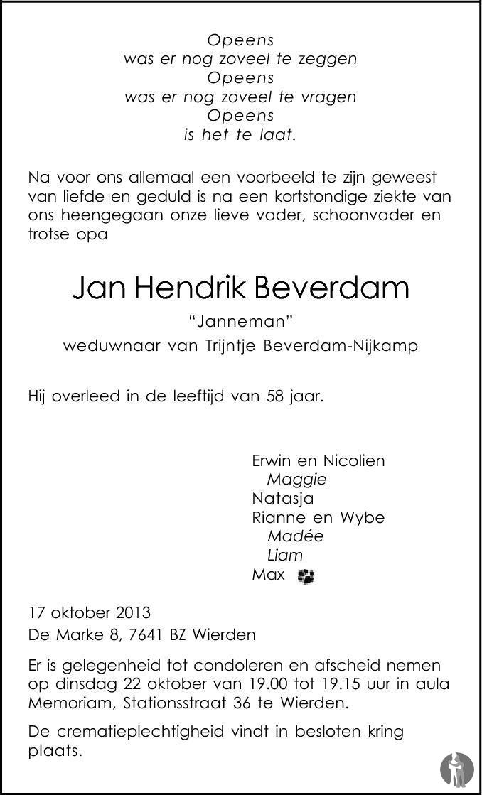 Jan Hendrik (janneman) Beverdam 17-10-2013 Overlijdensbericht En 