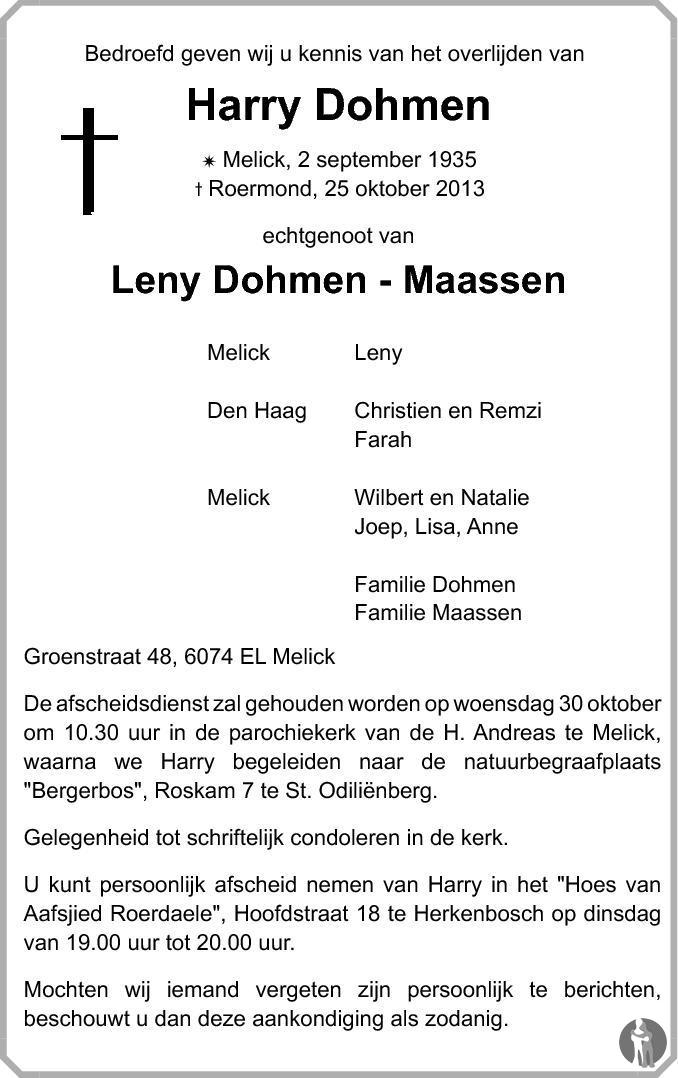 Harry Dohmen 25-10-2013 overlijdensbericht en condoleances - Mensenlinq.nl