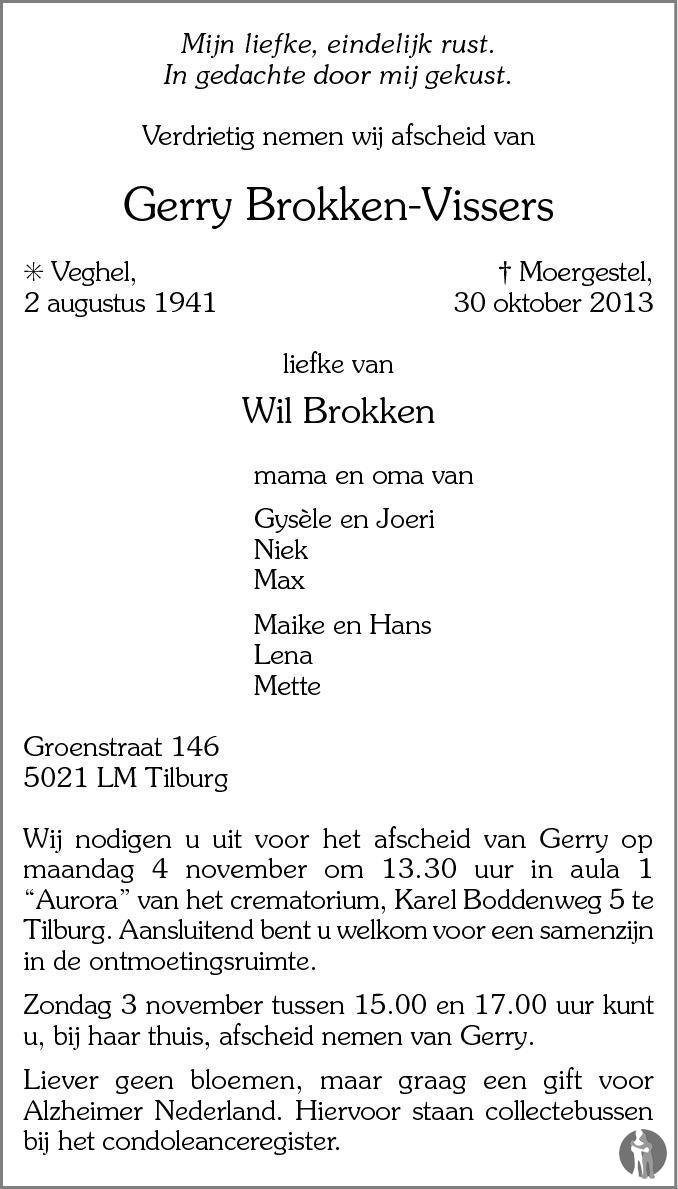 Overlijdensbericht van Gerry  Brokken - Vissers in Brabants Dagblad