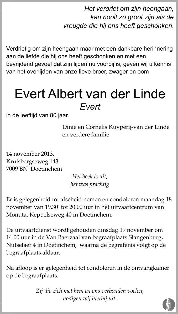 Evert Albert (Evert) van der Linde 14112013 overlijdensbericht en