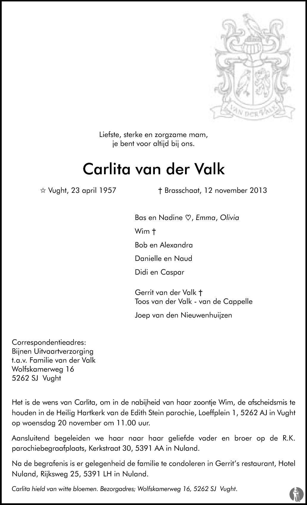 Overlijdensbericht van Carlita van der Valk in Brabants Dagblad