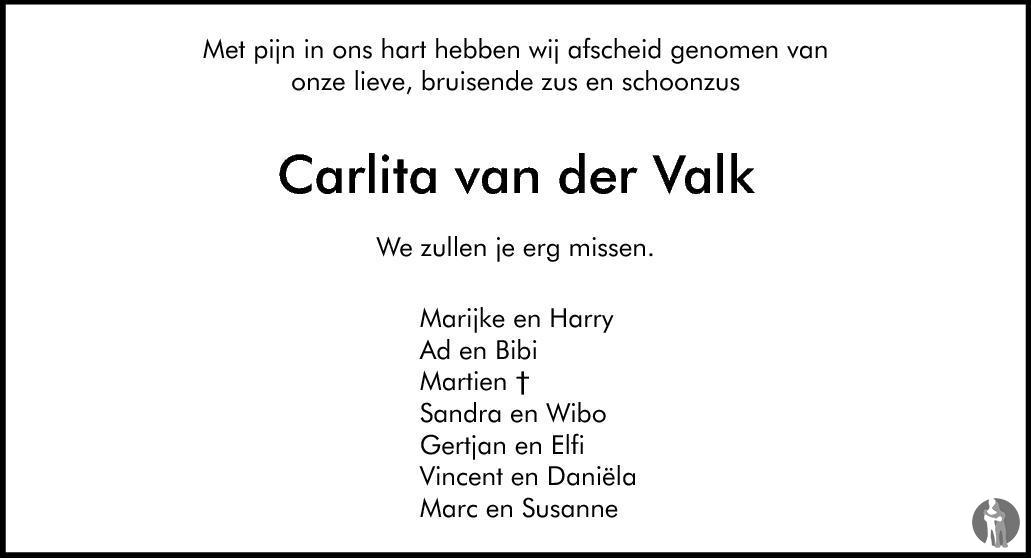 Overlijdensbericht van Carlita van der Valk in Brabants Dagblad