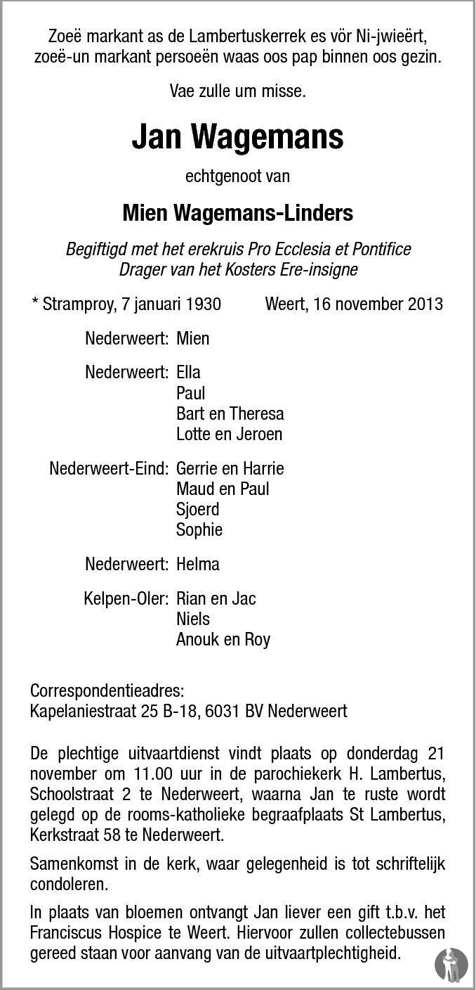 Jan Wagemans 16112013 overlijdensbericht en condoleances Mensenlinq.nl
