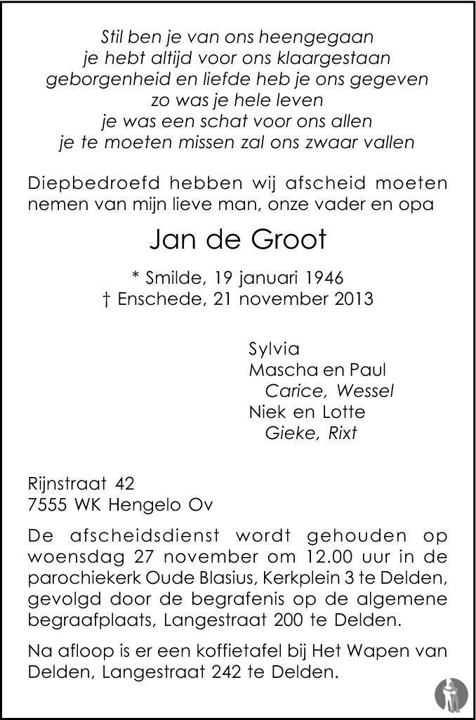 Jan de Groot 21112013 overlijdensbericht en condoleances Mensenlinq.nl Jan de Groot 21112013 overlijdensbericht en condoleances Mensenlinq.nl