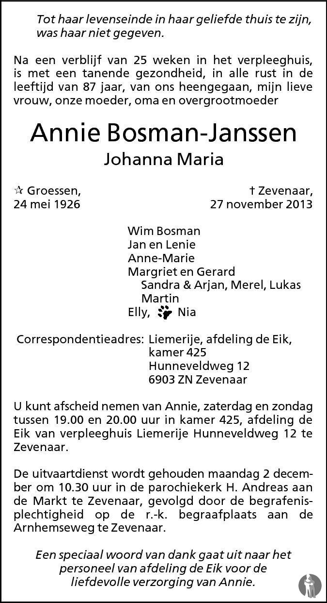 Overlijdensbericht van Johanna Maria (Annie) Bosman - Janssen in de Gelderlander