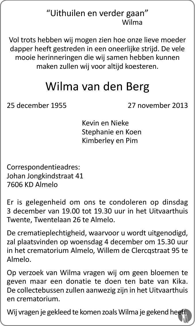 Wilma Van Den Berg 27-11-2013 Overlijdensbericht En Condoleances ...