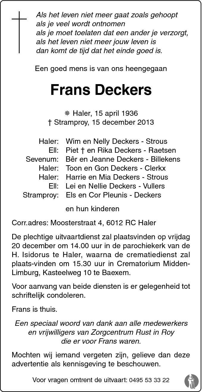Frans Deckers 15122013 overlijdensbericht en condoleances Mensenlinq.nl