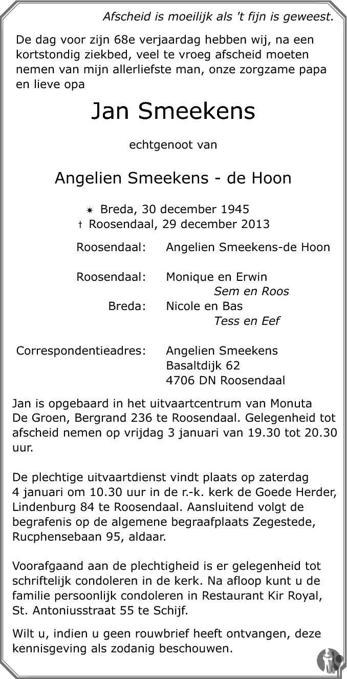 Jan Smeekens 29122013 overlijdensbericht en condoleances Mensenlinq.nl