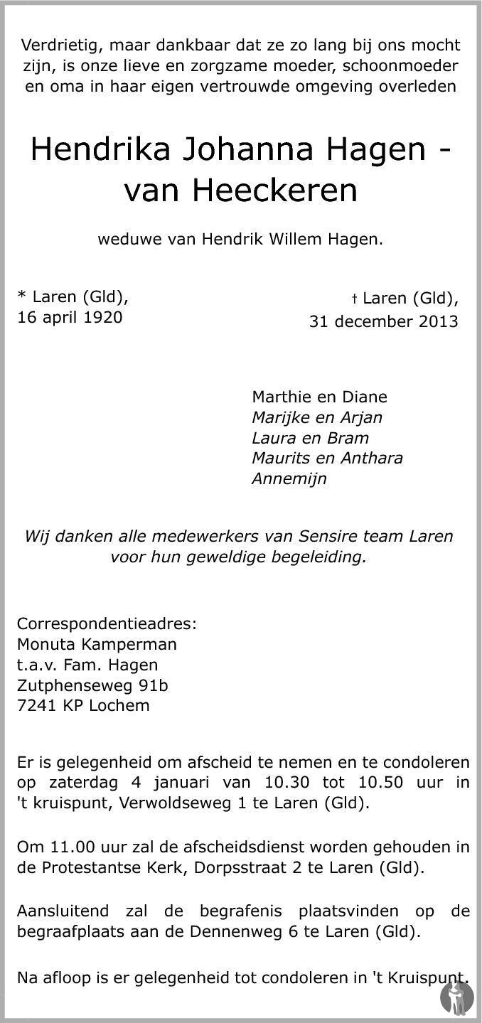 Hendrika Johanna Hagen van Heeckeren 31122013 overlijdensbericht en