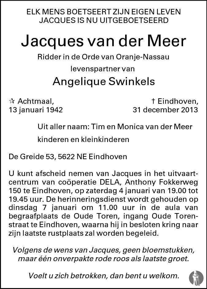 Overlijdensbericht van Jacques van der Meer  in Eindhovens Dagblad