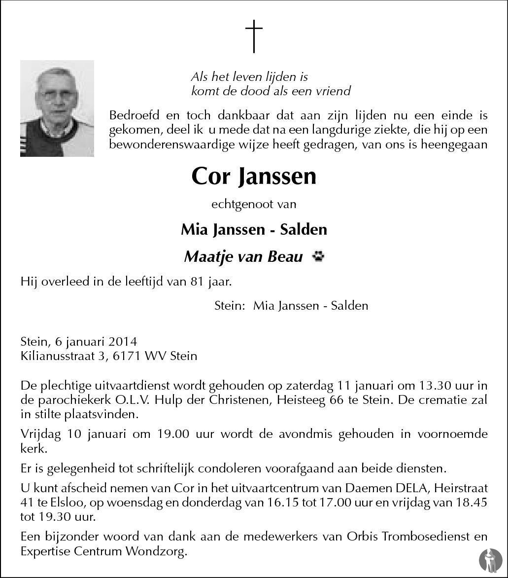 Cor Janssen 06-01-2014 overlijdensbericht en condoleances - Mensenlinq.nl