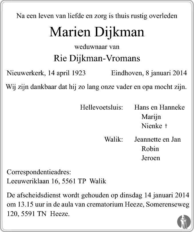 Marien Dijkman 08-01-2014 overlijdensbericht en condoleances ...