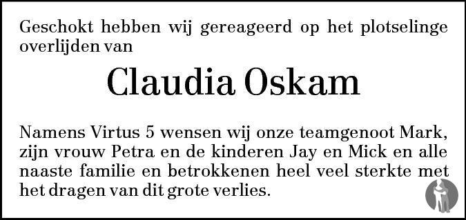 Overlijdensbericht van Claudia Oskam in BN DeStem