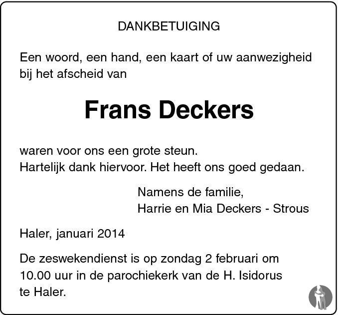Frans Deckers 15122013 overlijdensbericht en condoleances Mensenlinq.nl