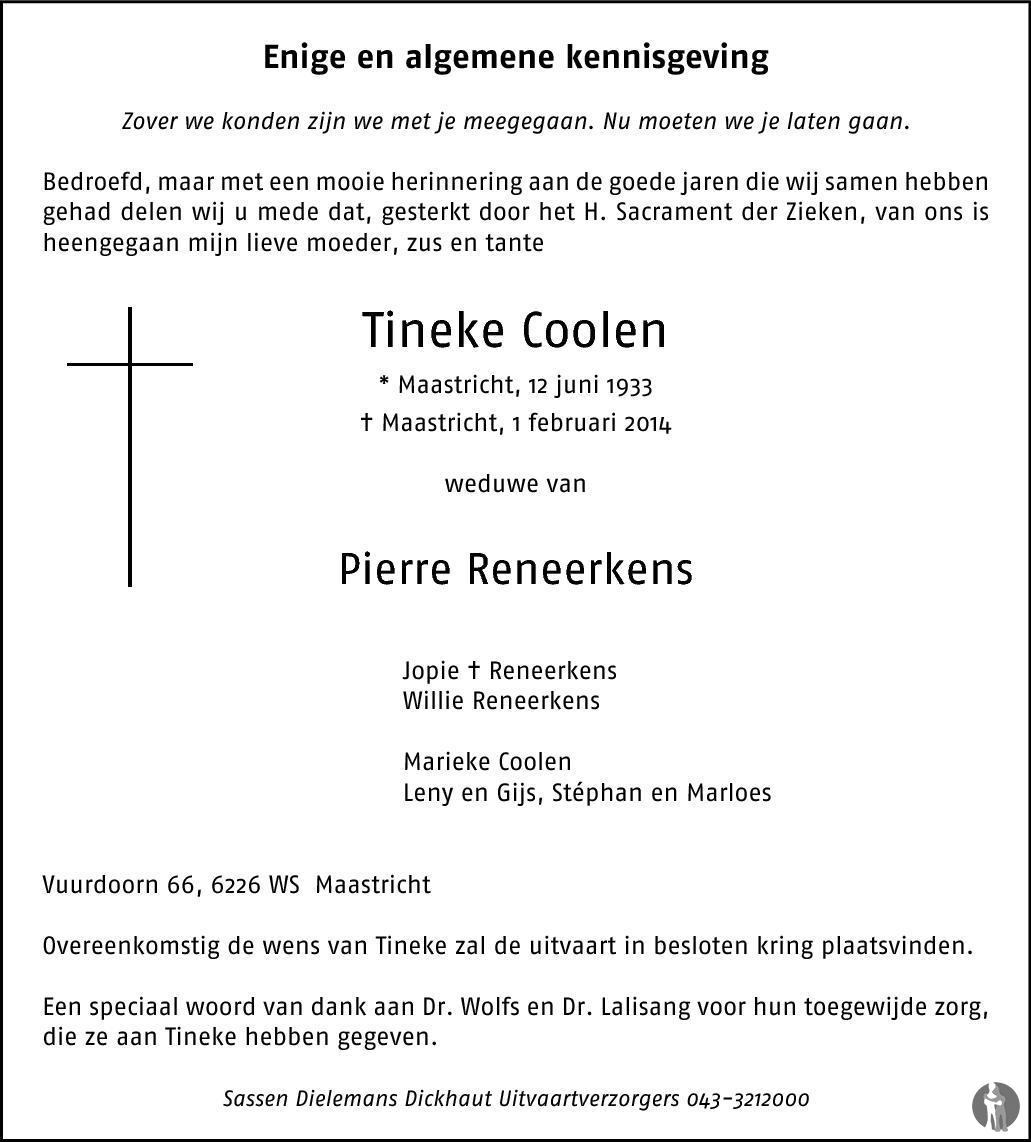 Tineke Reneerkens Coolen 01 02 2014 Overlijdensbericht En