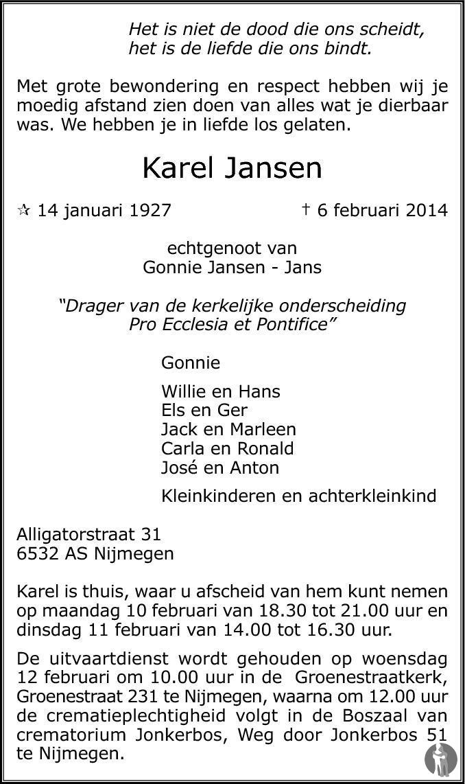 Karel Jansen 06-02-2014 overlijdensbericht en condoleances - Mensenlinq.nl